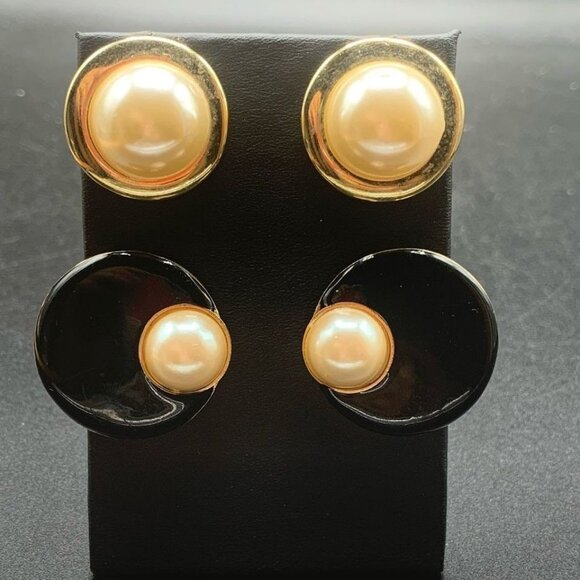 Pairs of Classic Pearls Earrings Clip On and Pierced with Black Enamel Elegant - Picture 2 of 5